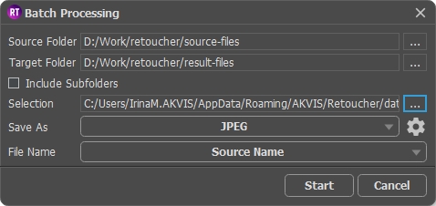 Fenêtre de traitement par lots dans AKVIS Retoucher