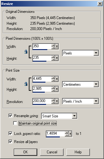 Resize dialog box in Paintshop pro