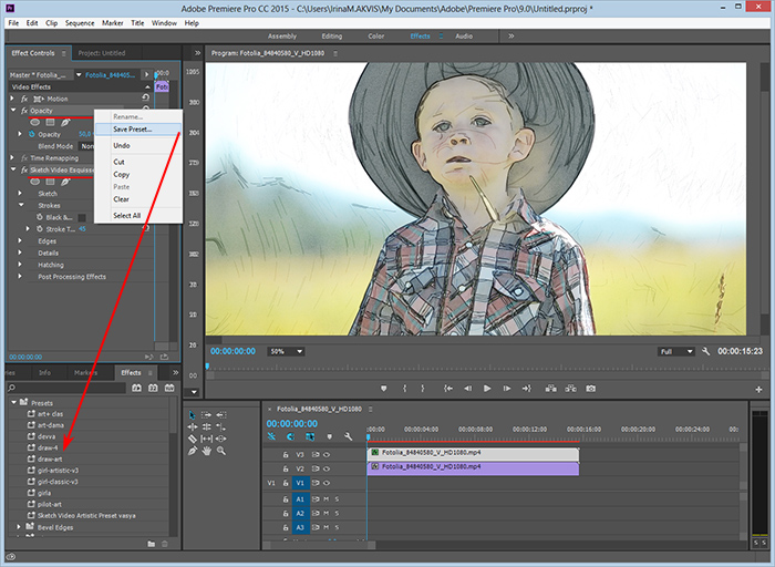  AKVIS Sketch Video en Adobe Premiere Preajustes de efectos de dibujo a lápiz