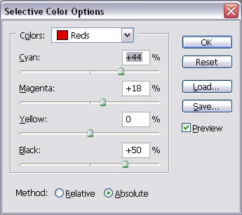 Dialogfenster Selektive Farbkorrektur