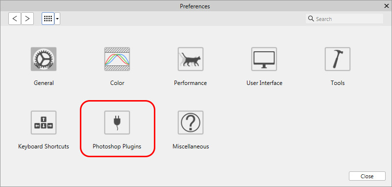 Photoshop Plugins in Preferences
